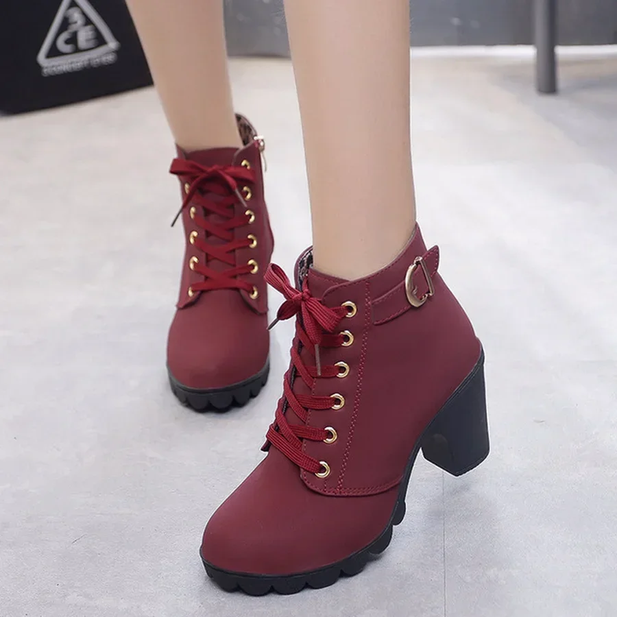 2023 New Spring Winter Women Pumps Boots High Quality Lace-up European Ladies Shoes PU High Heels Boots Fast Delivery