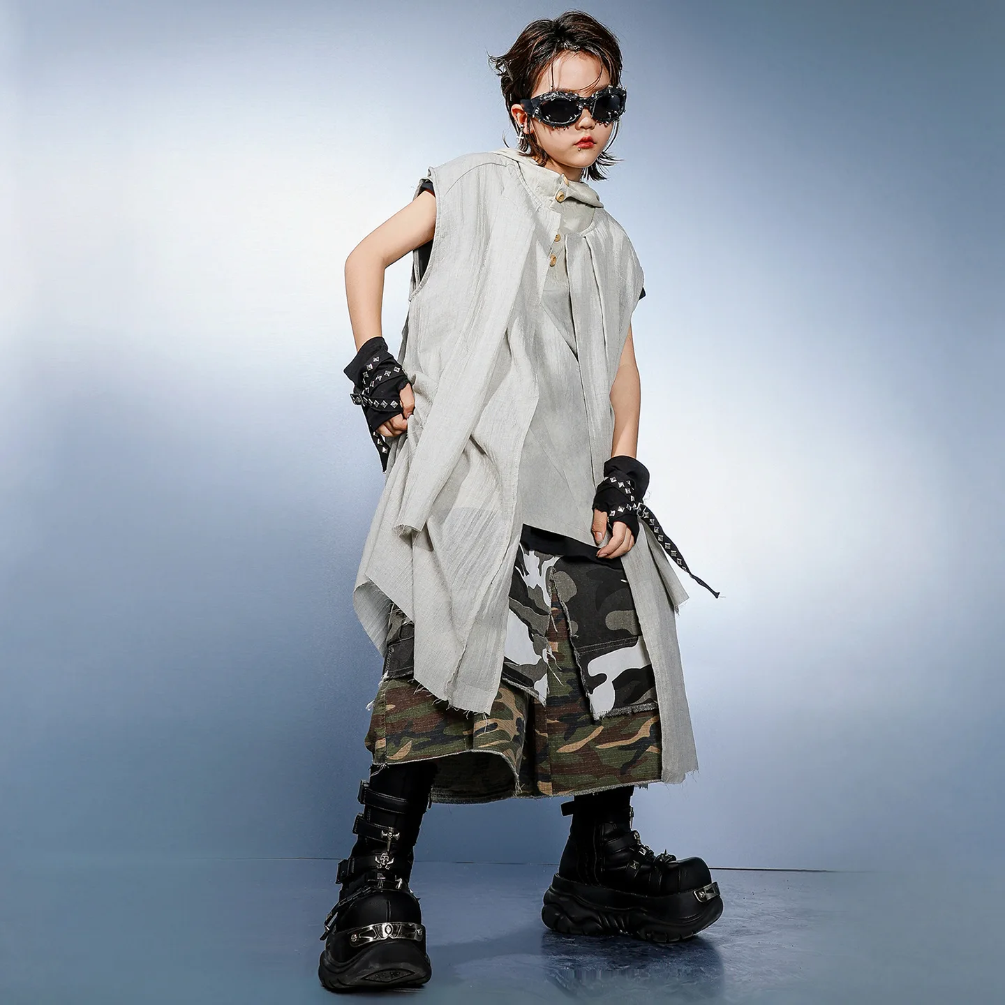 키즈 K팝 힙합 의류 그레이 후드티 탱크 케이프 컬러 블록 카모 카고 반바지 중간 바지 남아 여아 댄스 의상 옷