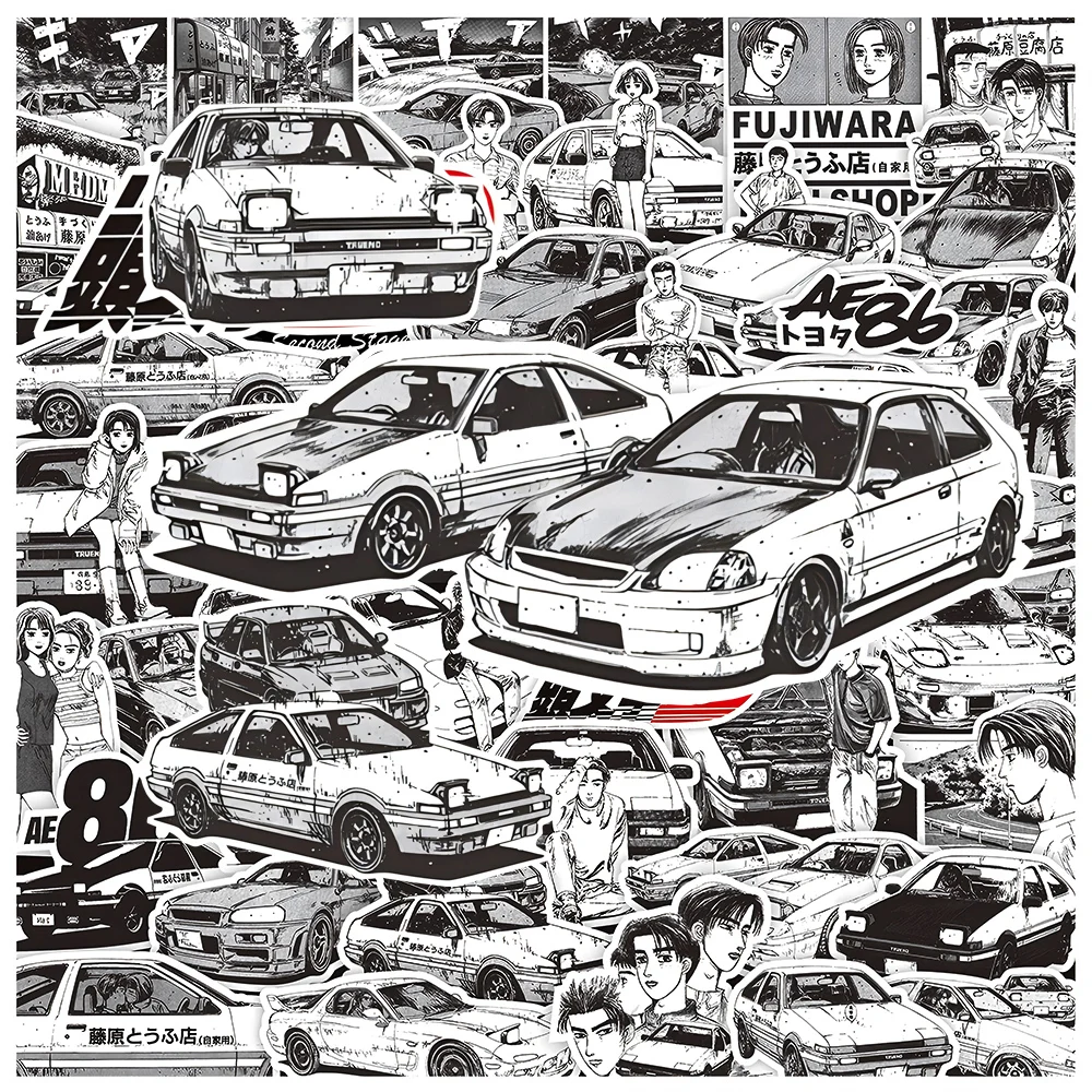 10/30/75pcs Black White Initial D Graffiti Stickers Cool Cartoon Decals DIY Bike Laptop Classic Cool Anime Sticker Toys Gifts