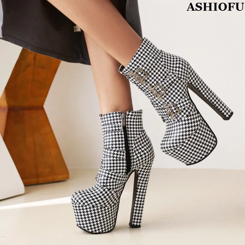 

ASHIOFU 2022 New Arrival Women's Chunky Heels Ankle Boots 3-Colors High-Platform Sexy Club Booties Evening Fashion Party Shoes