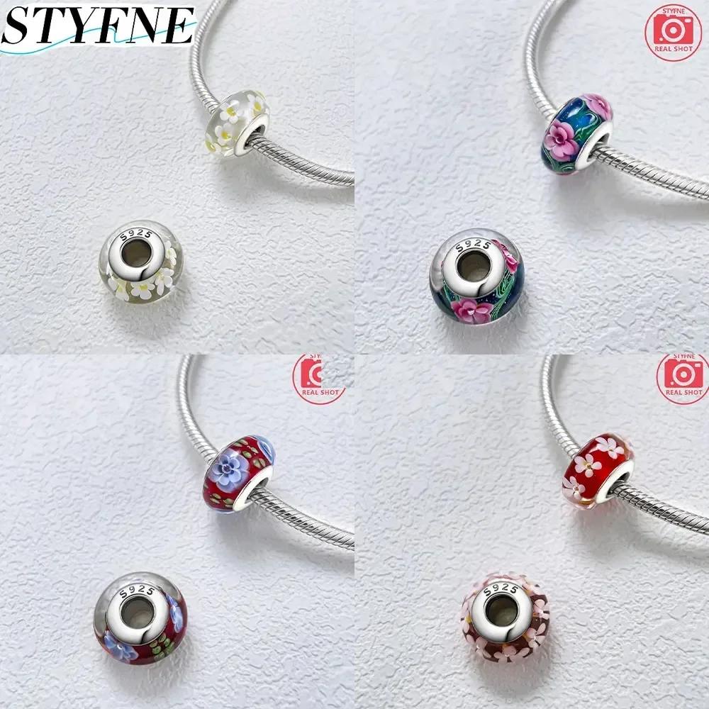 New Sterling Silver 925 Shiny Glowing Cute Pink Flowers Murano Original Glass Bead Original Bracelet DIY Fashion Women\'s Jewelry