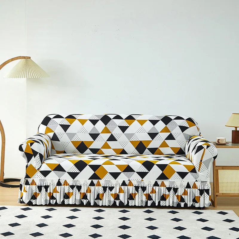 Geometric Printed Sofa Cover with Skirt Edge High Elastic Dustproof Sofa Protective Cover Stretch Cloth Towel with Elastic Band