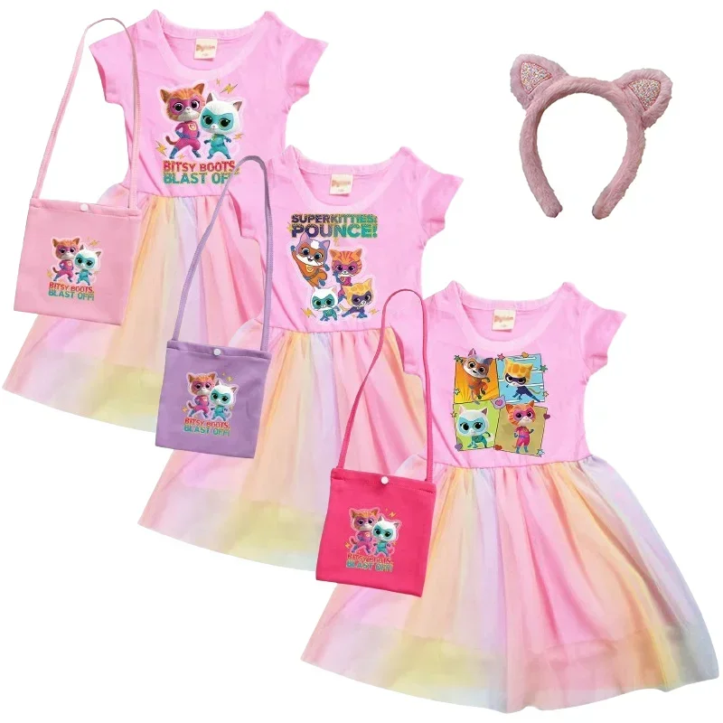 Cosplay dress for girls dresses super kitties dresses with bag and headband for superkitties costume girls short sleeves A-Line