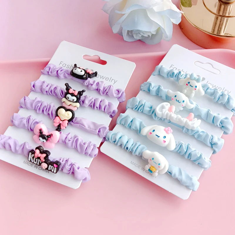 5Pcs Kawaii Sanrio Hair Ties Anime Hair Ring Ornaments Hello Kitty My Melody Kuromi Hair Rope Cartoon Accessories Girl Gift