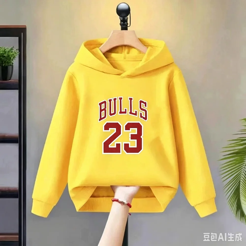 New Autumn/Winter Kids' Christmas Hooded Sweatshirt – BULLS No. 23 Print Pullover – Casual Long-Sleeve Top for Boys & Girls – St