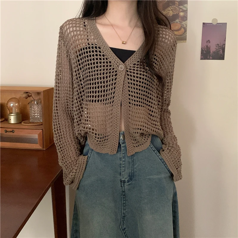 Pointelle Knit Long Sleeve One Button Cardigan Sweater for Women Cover-Up Spring Summer Y2K Grunge Outfit