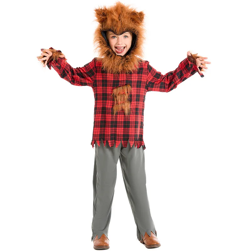 Halloween Outfit Mascot animal Cosplay Werewolf Red checkered shirt for kid costume party with headgear