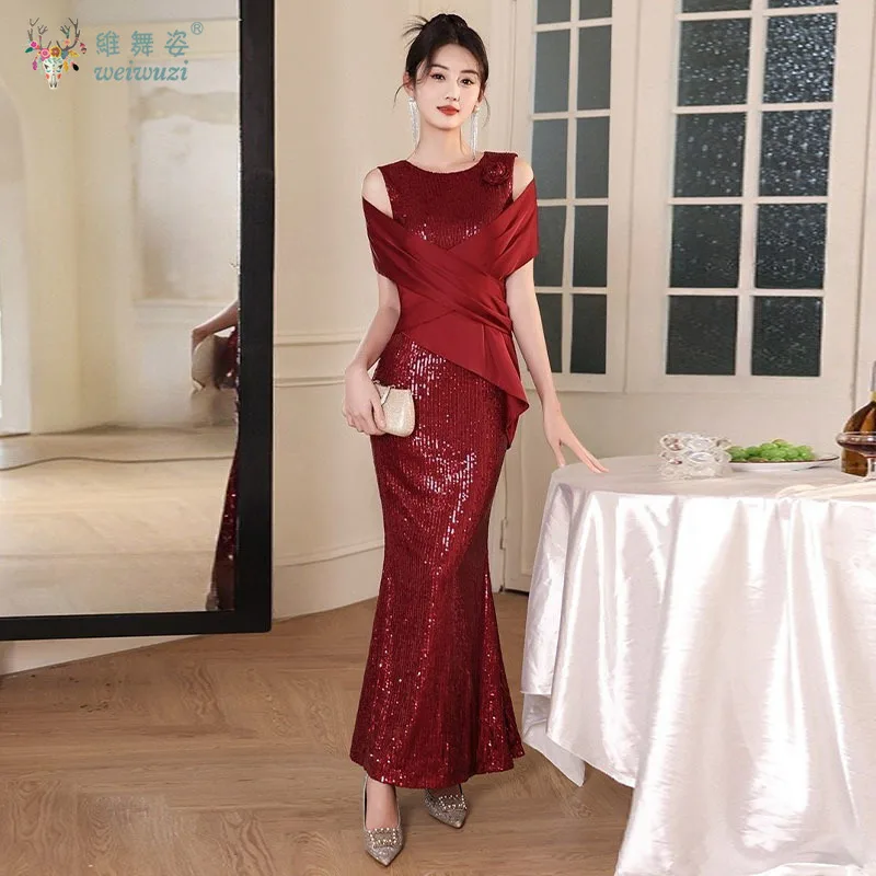 

Sequin Embroidery Fashion Shawl Design Red Evening Dress for Women Elegant Chest Flower Fishtail Temperament Evening Dress