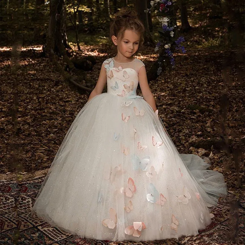 

First Communion Dresses Long O-neck Flower Girl Dresses for Weddings Butterfly Tulle Party Birthday Vestidos Prom Ball Gown