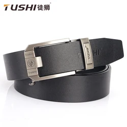 TUSHI-Cinto de couro masculino com fivela automática de metal, pulseira de couro preto, marca famosa, negócios, alta qualidade, luxo
