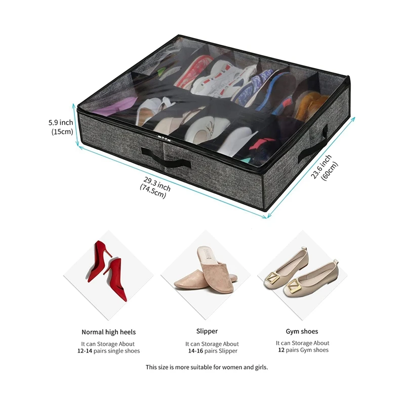 Sturdy Under Bed Shoe Storage Organizerfits Total 12 Pairs, Underbed Shoes Closet Storage Solution With Clear Window