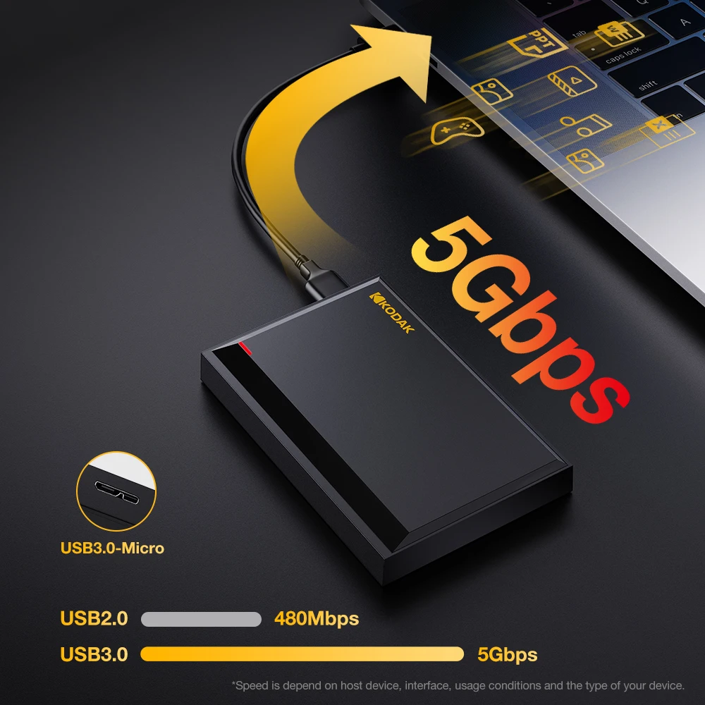 KODAK P190 Disco duro externo de 500 GB 2,5 ''HDD externo portátil USB 3.0 Disco de almacenamiento para juegos de 5 Gbps Compatible con computadora portátil de escritorio