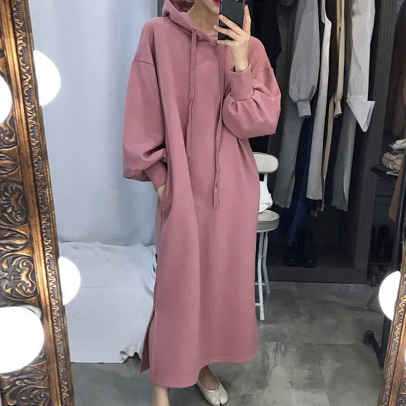 

Chic Autumnal Soft Mannered Dstring Hooded Loose Casual Side Slit Lantern Sve Sweatirt Dr Women's Faion