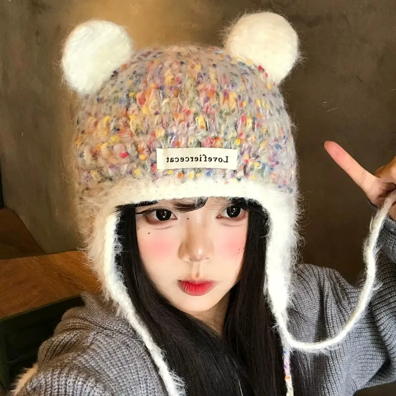Women Cute Bear Ear Knit Earflap Hats Korean Sweet Multicolor Confetti Yarn Fluffy Fuzzy Warm Winter Beanies with String