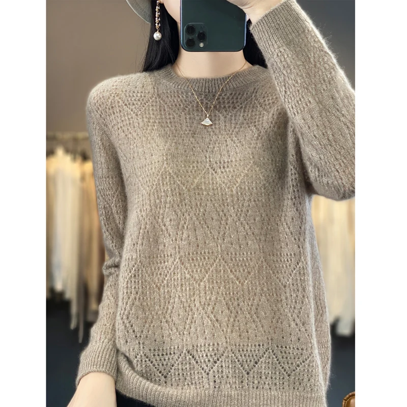 Spring Autumn New 100 Woolen Sweater Women\'s Low Round Neck Pullover Knitted Hollow Out Thin Solid Color Bottom Loose Top Trendy