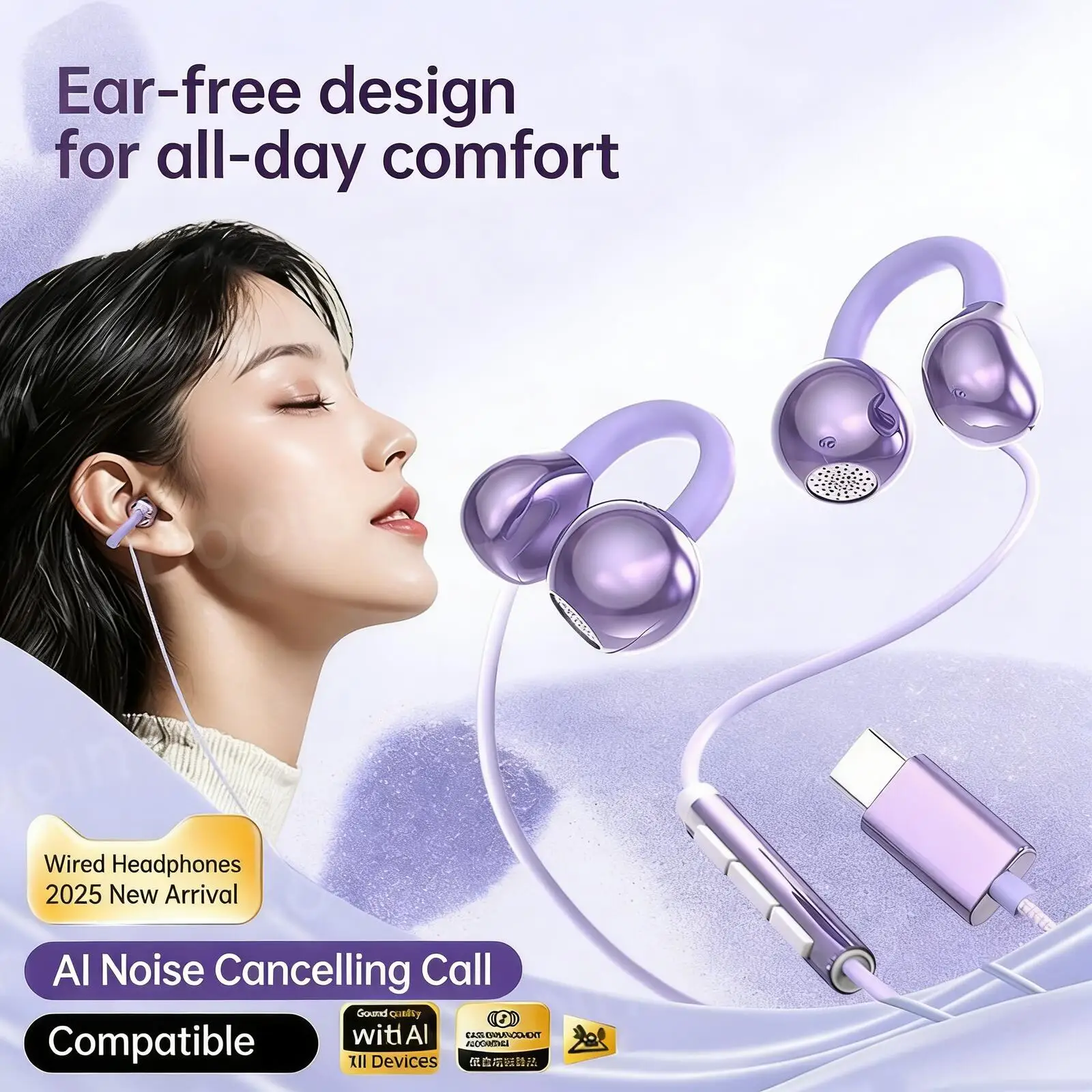 

Type-C/3.5MM Wired Ear-Clip Earphone Bone Conduction Noise Reduction Ergonomic Fit Lightweight Comfortable Earset For Music Game