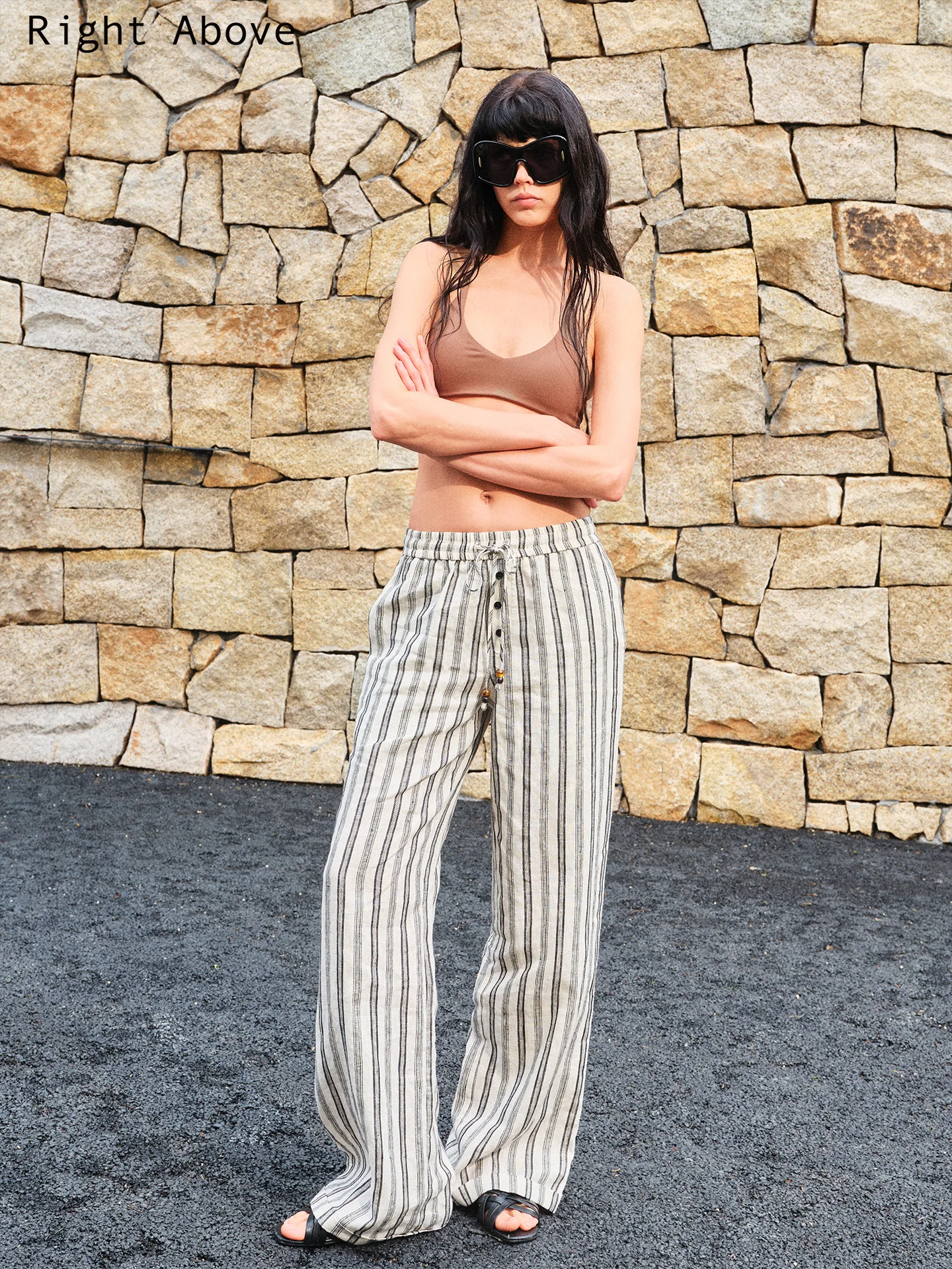 Pantaloni Larghi Estivi in Lino Sottile con Coulisse e Perline, Stile Vintage a Gamba Larga a Righe, Casual da Donna di Right above