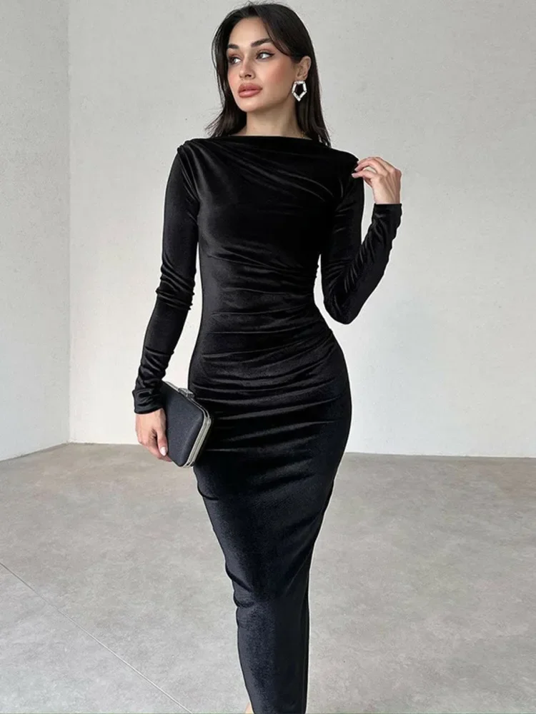 New Elegant Velvet Long Sleeve Sexy Maxi Dress for Women Autumn Winter New Fashion O Neck Bodycon Club Party Long Dress
