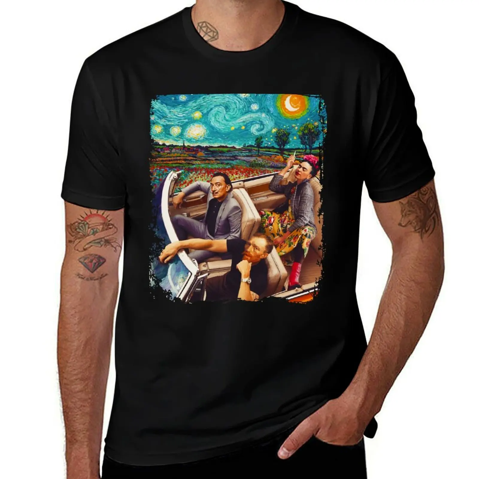 Vincent-Van-Gogh-Frida-Salvador-Dali-Banksy-car T-Shirt Basic Plain Short Sleeve Crew Neck Tee T-Shirt