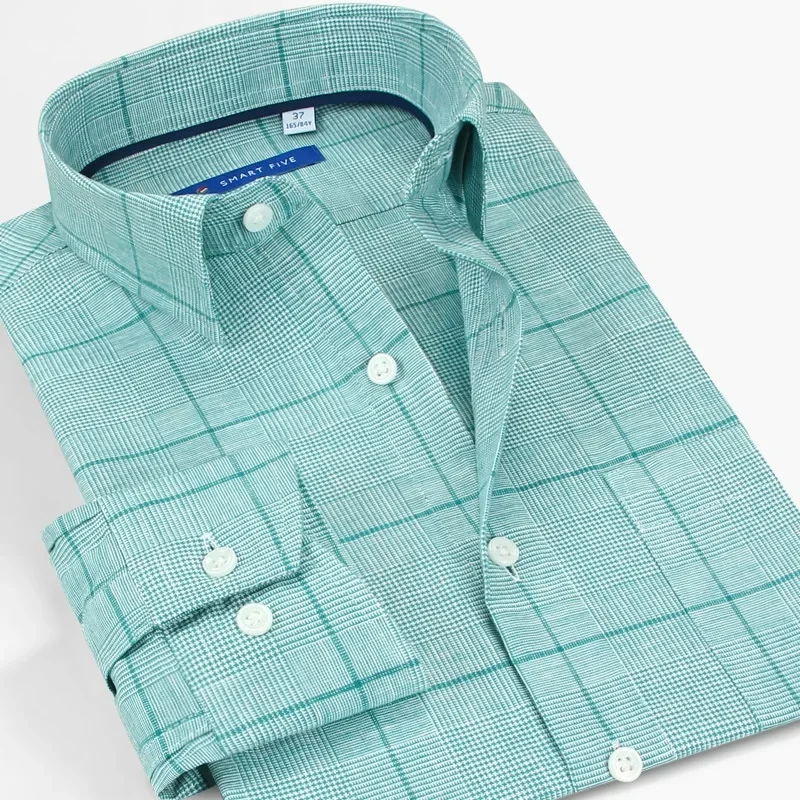 2025 Smart Five Long Sleeve Linen Cotton Plaid Shirts Men Camisa Social Masculina Casual Men Shirts Designer Clothing Summer