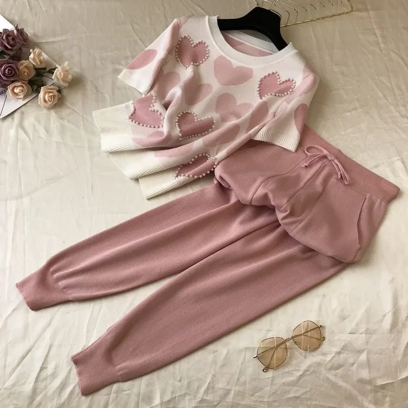 Korean Love Printed Knit 2 Piece Set Women Short Sleeve Beading Knitwear Tee Tops Conjunto 90cm Jogging Malhas Pants Casual Suit