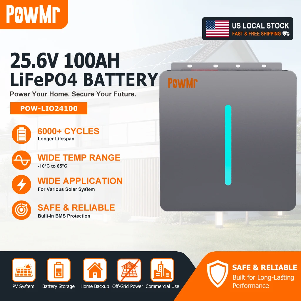 PowMr 24V 100Ah LiFePO4 Battery 2.56kWh Wall Mount Lithium Iron Phosphate Battery BMS Real Time Monitoring Up to 8 Units Parallel For Off Grid Solar RV Home Emergency Backup Power