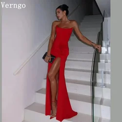 Verngo Red Crepe Prom Gown Strpaless Mermaid Side Slit Party Dress Women Sexy 3D Flowers Pleat Birthday Party Dress customized