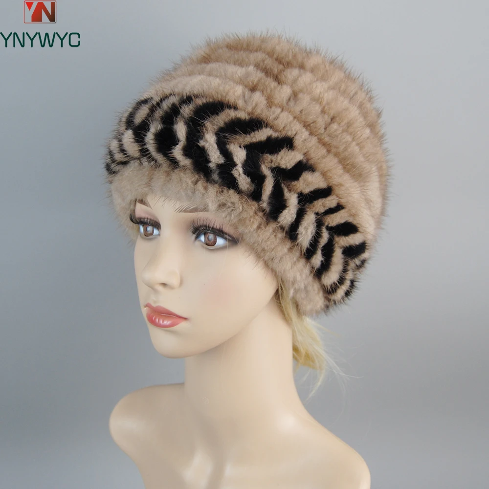 

New Arrival Winter Striped 100% Natural Real Mink Fur Hat Girls Knitted Warm Real Mink Fur Cap Women Good Elastic Mink Fur Hats