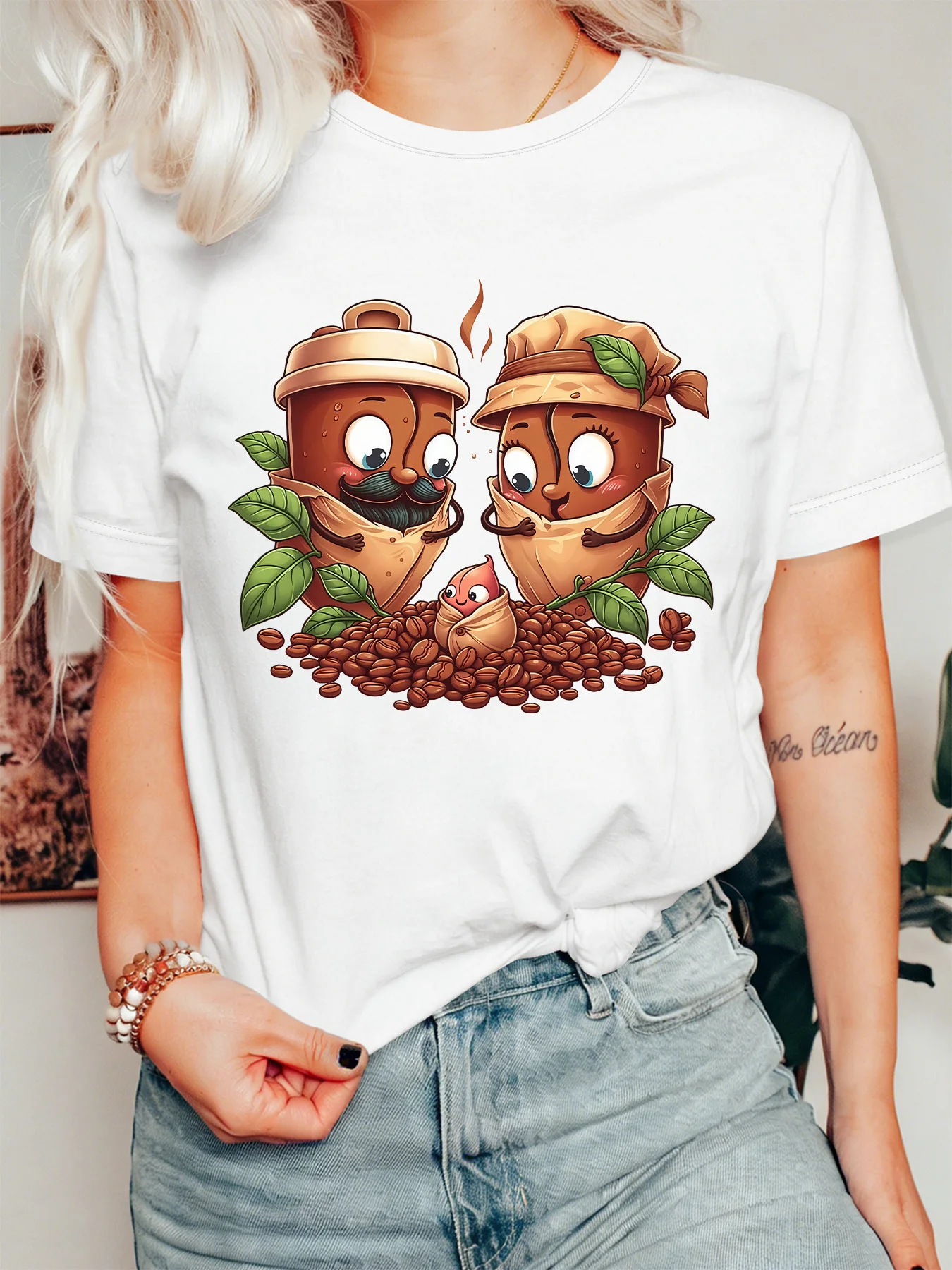 Cute Cartoon Coffee Bean Family Art Womens Crew Neck Short Sleeve T Shirt Coffee Lover Fun Casual Graphic Tees For Ladies