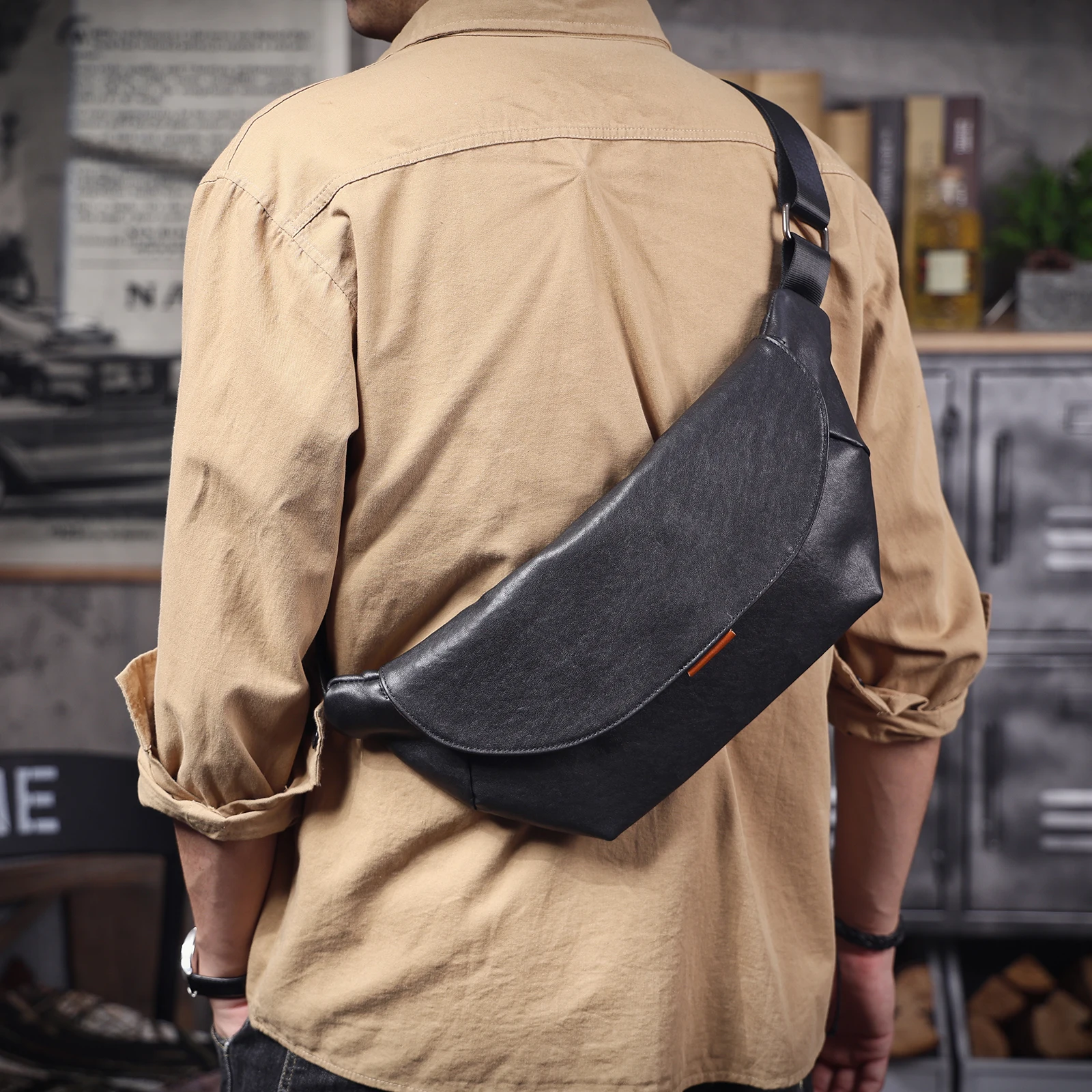 S.WORKER Herren-Umhängetasche aus echtem Leder, Umhängetaschen, einfache Rindsledertasche, pflanzlich gegerbtes Oberschichtleder, modisch, lässig – Detail 6
