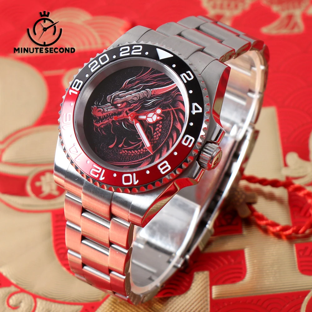 MINUTESECOND NH35 DIY Black Red Dragon Dial NH35 Watch 10BAR Waterproof Sapphire Crystal With Oyster Band Automatic Mens Watch