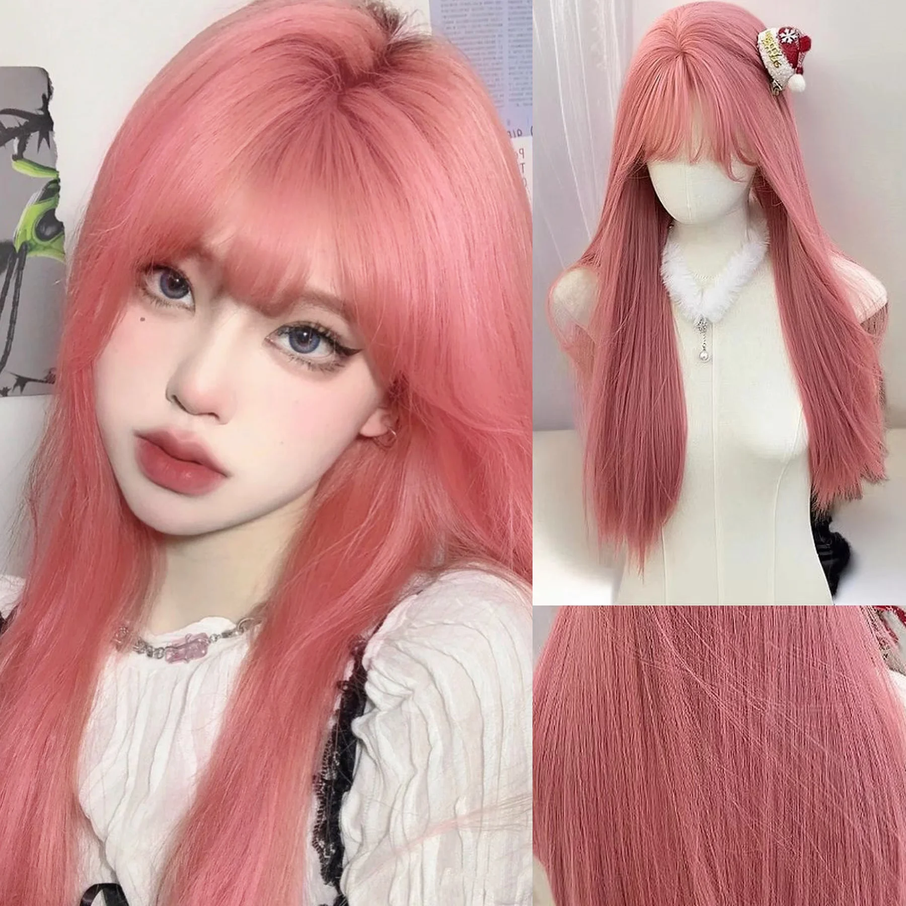 

Synthetic Pink Long straight hair Wigs Middle Part Natural Wave Wig Heat Resistant Cosplay Party Daily Hair Suitable for Women