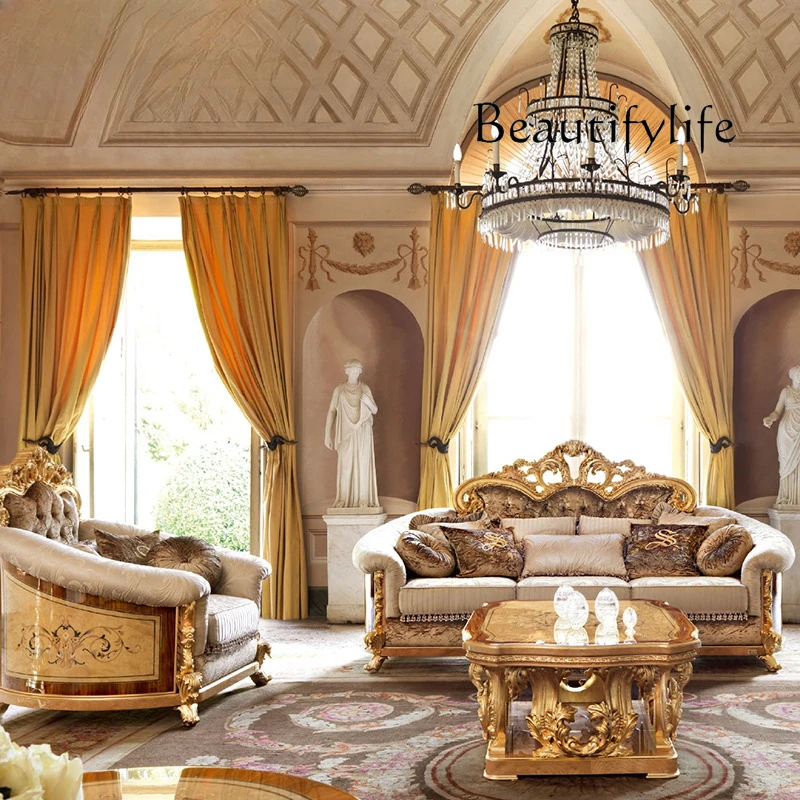 European villa living room solid wood carving flower furniture, court fabric three sofa 123 combination