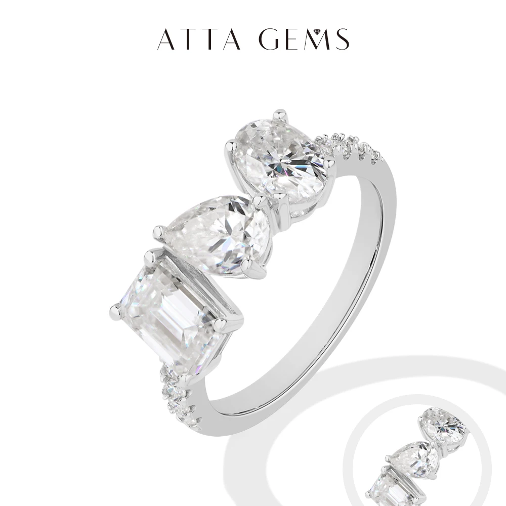 

ATTAGEMS Luxury D VVS1 Synthetic Moissanite Rings for Women S925 Sterling Silver Sparkling 3 Stones Engagement Ring Fine Jewelry