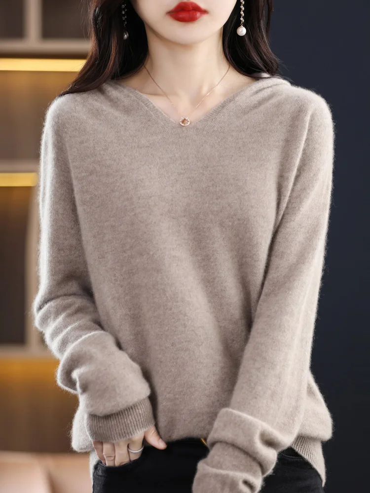 

New Fashion 100% Merino Wool Knitwear Autumn Winter Women's Solid Color Hooded Pullover Soft Casual Sweater Long Sleeve Tops
