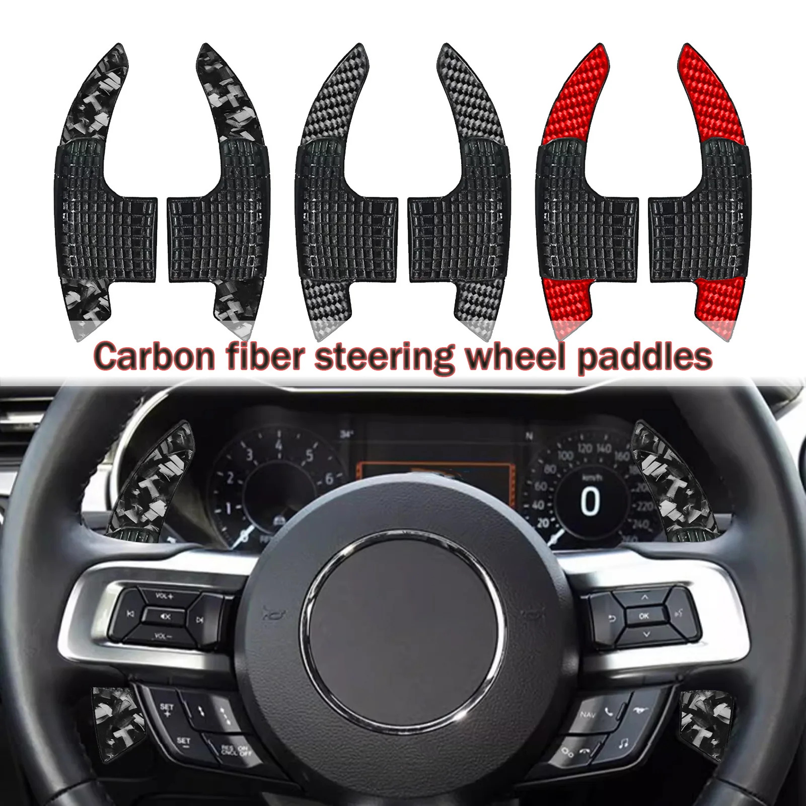 

For Ford Mustang carbon fiber shift paddles, steering wheel control, modified interior stickers