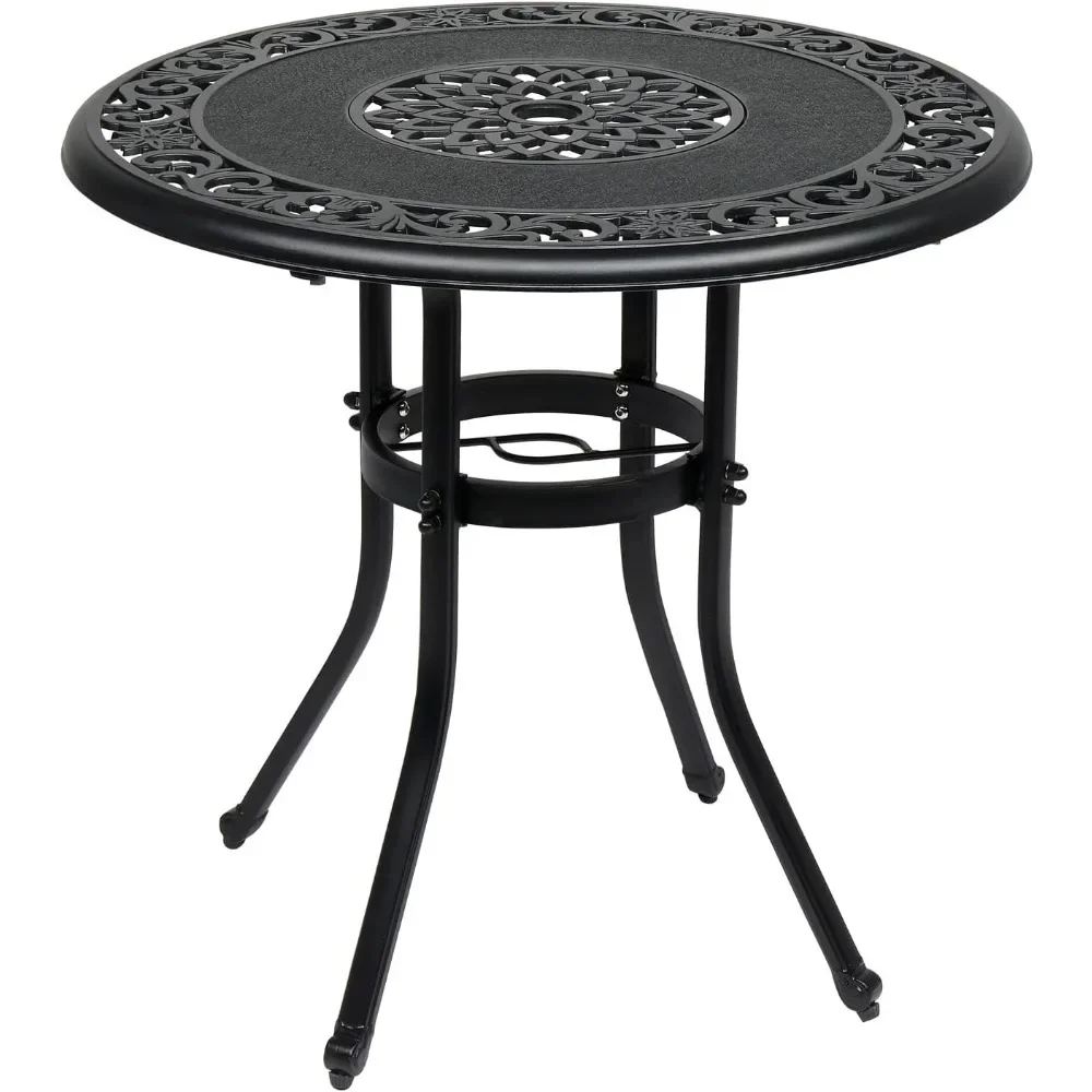 

32 Inch Outdoor Patio Table with Umbrella Hole, Cast Aluminum Round Patio Dining Table Bistro Table for Backyard, Garden,