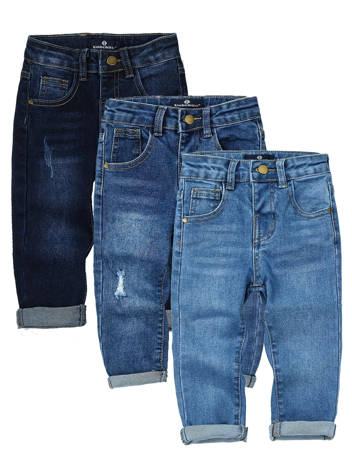 

3pcs Kids Mid Waist Denim Pants Stretch Skinny Fit Long Jeans Casual Solid Color with Pockets - Spring & Fall Fashion