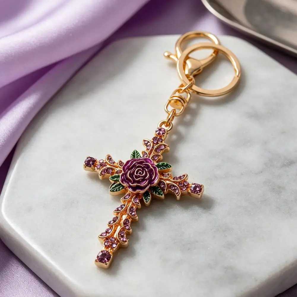 Retro Rhinestone Rose Keychain, Golden Plated Alloy Key Ring for Men Women, Keychain Pendant for Handbags Backpacks Decoration 9