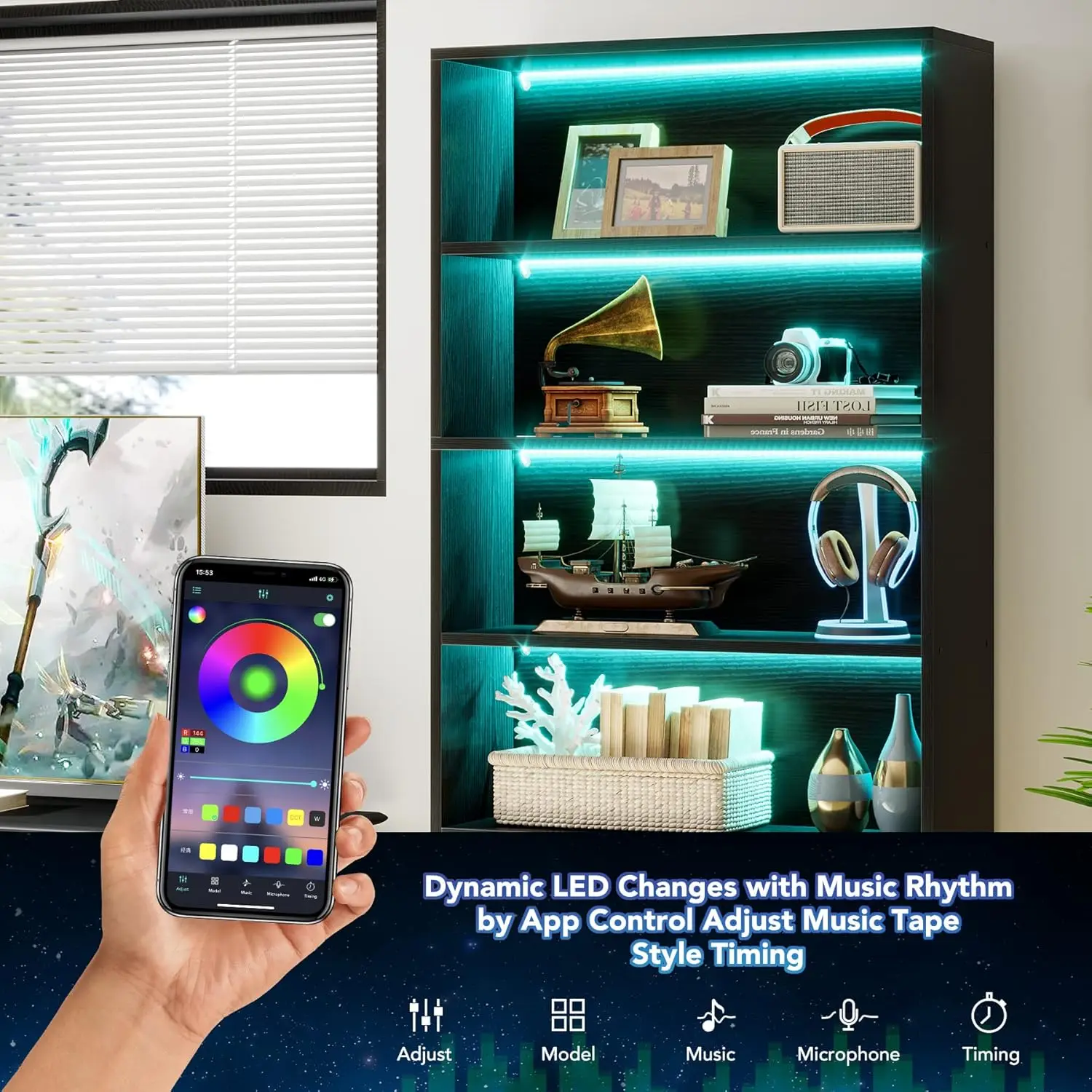 خزانة كتب سوداء، خزائن كتب كبيرة مقاس 70.8 بوصة مع أضواء LED، رف كتب مع أرفف تخزين من 5 طبقات لغرفة المعيشة وغرفة النوم #6