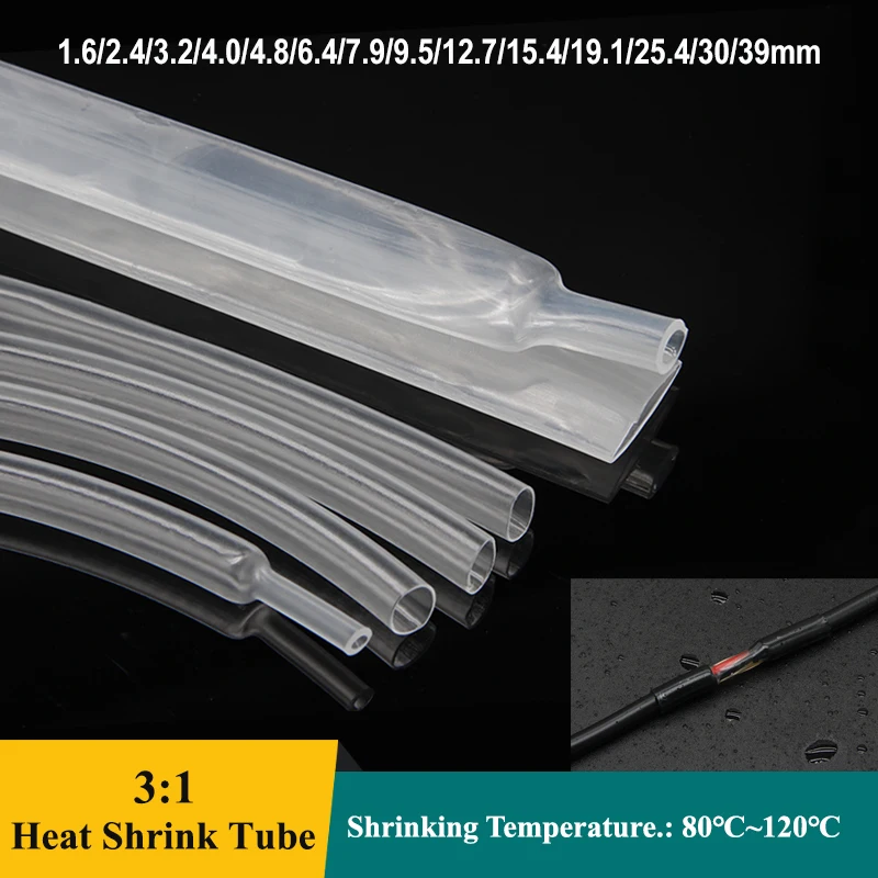 

1~20M Transparent 3:1 Heat Shrink Tube Glue 1.6/2.4/3.2/4.0/4.8/6.4/7.9/9.5/25.4/30/39mm Cable Repair Shrinkable Cover Case