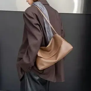 Minimalist Women's Soft Genuine Leather Flap Shoulder Bag Versatile Effortless Lazy Style Handbags Lady Crossbody Tote Bag