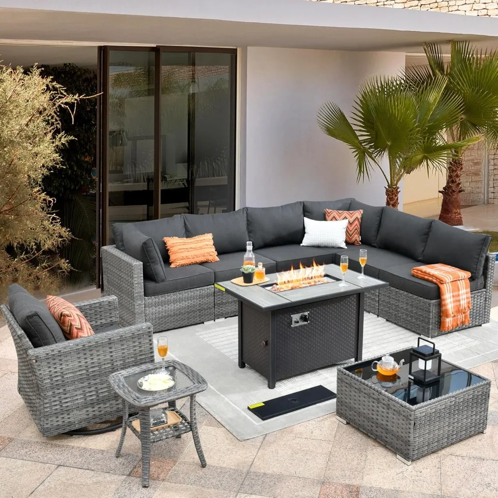 

10 Pieces Outdoor Patio Furniture Set, Sectional Swivel Rocker Chairs Sets with Fire Pit, Swivel Glider Chairs, and Coffee Table