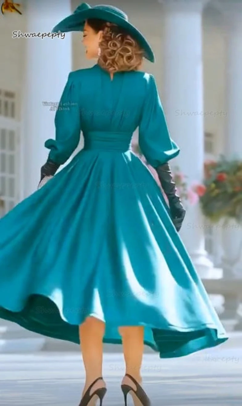 Elegante mãe da noiva vestido com decote em v cetim a linha chá-comprimento vintage convidados do casamento vestidos de festa mangas compridas personalizado 2026