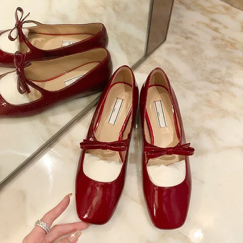 Bowknot Mary Jane Shoes Women Square Toe Glossy Leather Flats Female Red Dance Ballets Party Ball Bridal Wedding Shoes