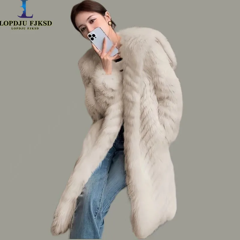 Women's Winter Faux Fox Fur Coats,Long Jacket,Female Loose Jacket, Thicken Warm Clothes, High Quality, Naval, New, 2024