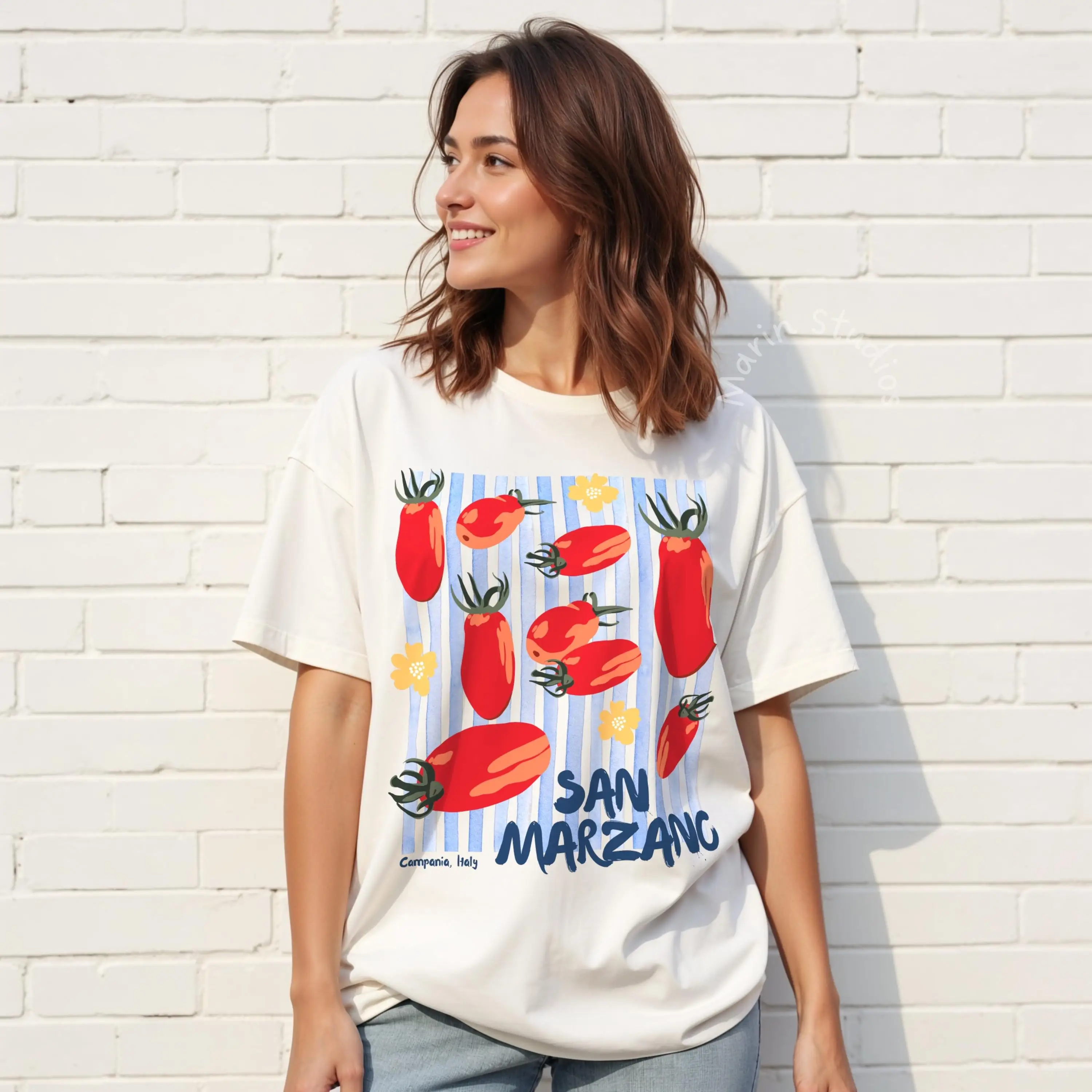 

Женская летняя футболка больших размеров с винтажным итальянским принтом «Томат», хлопковая, дышащая, стильная, универсальная, в уличном стиле, оверсайз
