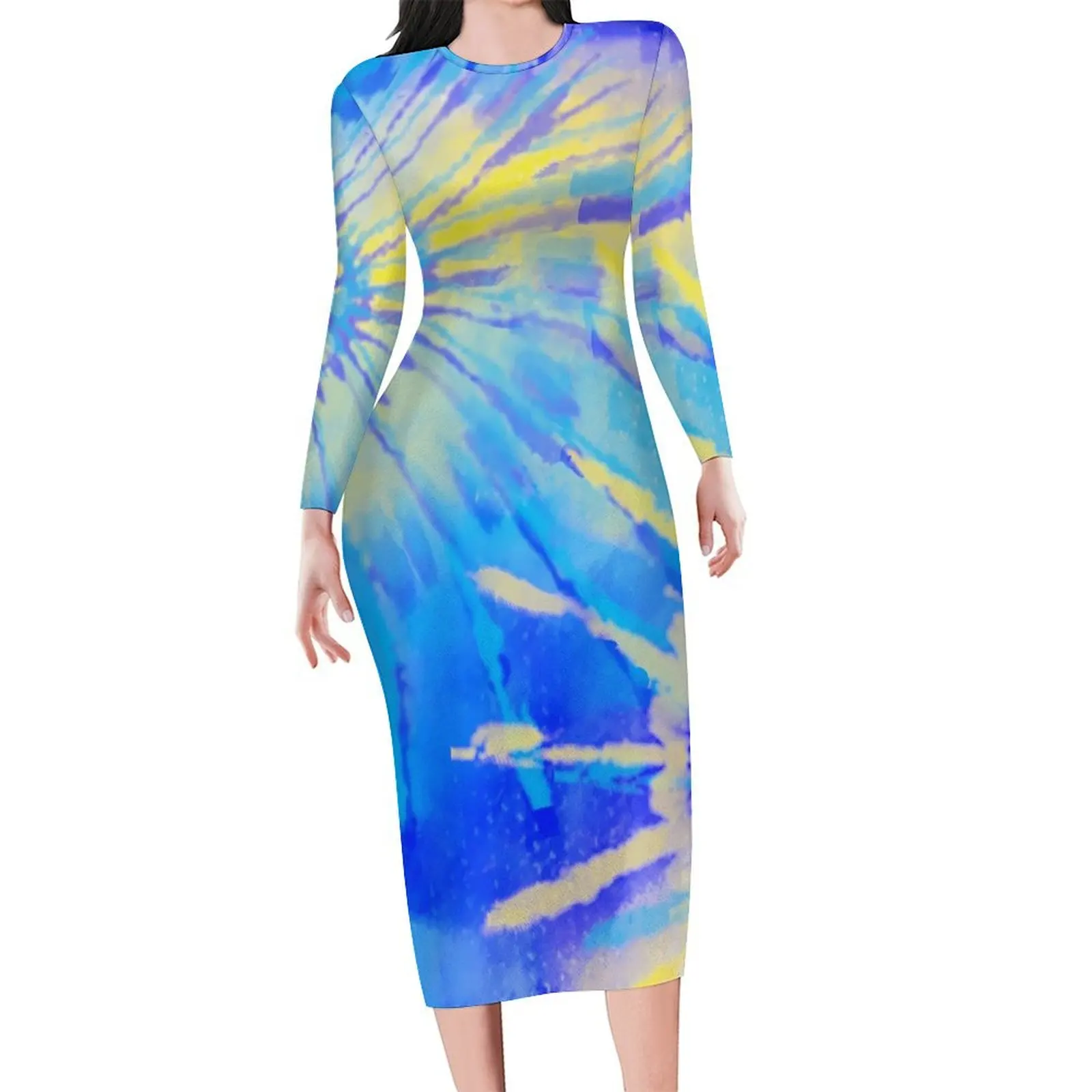 

Blue Tie Dye Dress Long Sleeve Abstract Art Print Street Fashion Dresses Holiday Retro Bodycon Dress Women Oversized Vestidos