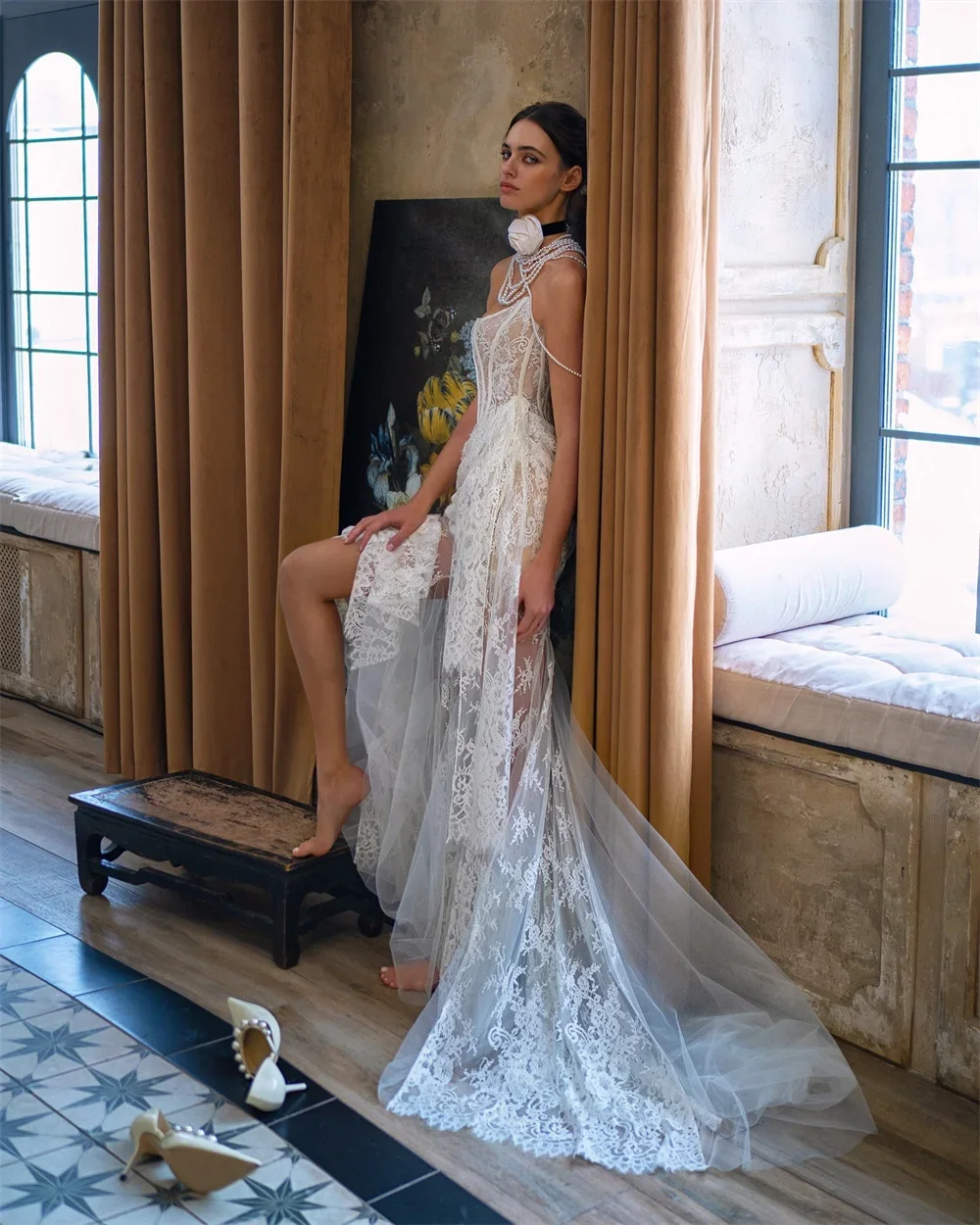 งดงามเกียวโตชุดแต่งงานปิดไหล่ลูกไม้A Ppliquesเปลือกที่ถอดออกได้รถไฟอย่างเป็นทางการวินเทจชุดVestidos Para Grados