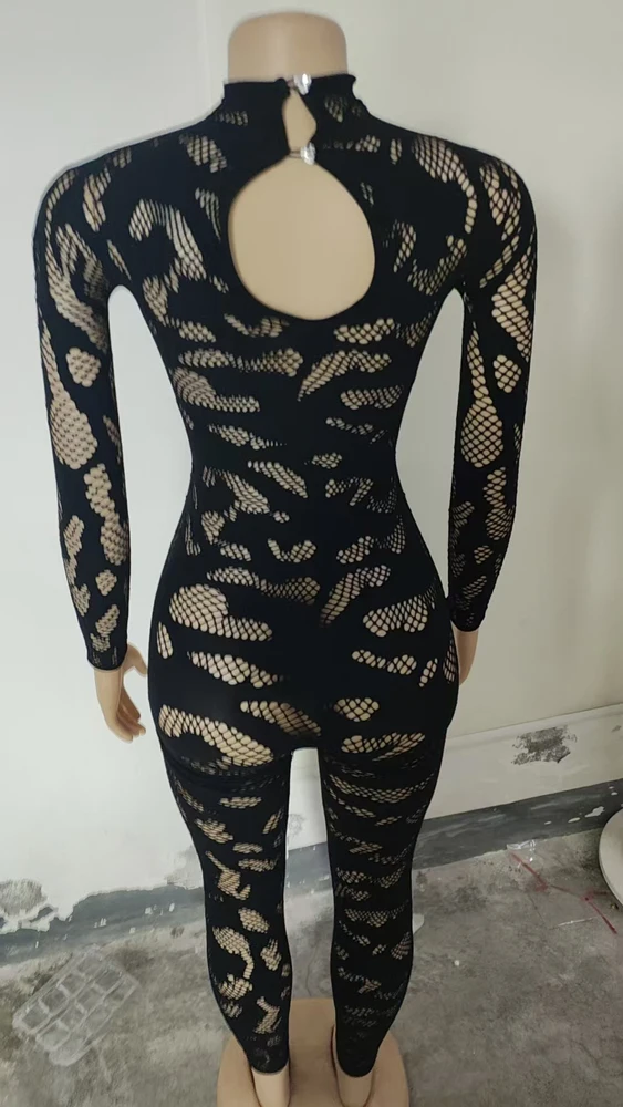 Damen-Jumpsuit aus transparenter Spitze, langärmelig, figurbetont, einteiliges Outfit, abstraktes, durchsichtiges, enganliegendes Jumpsuit für Party, Nachtclub und Clubwear. – Detail 5